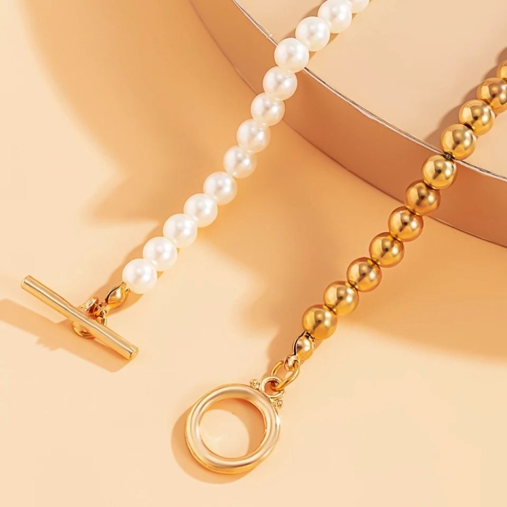 Baroque Pearl Chain Women Collar Punk Toggle Clasp Circle Lariat Necklace - Picture 3 of 4